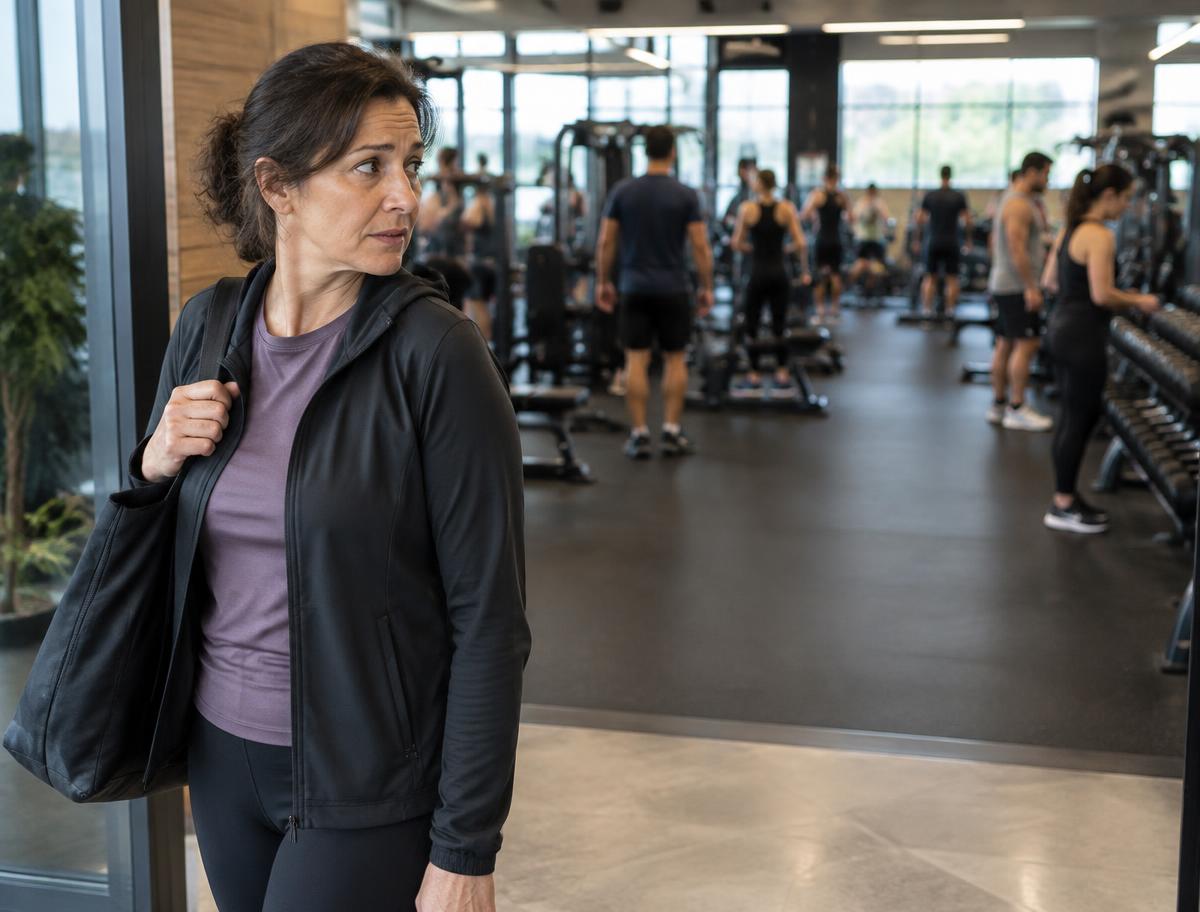 Donna incerta davanti all’ingresso di una palestra affollata