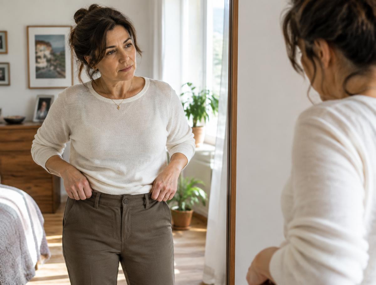 Donna davanti allo specchio mentre nota che i pantaloni vestono diversamente